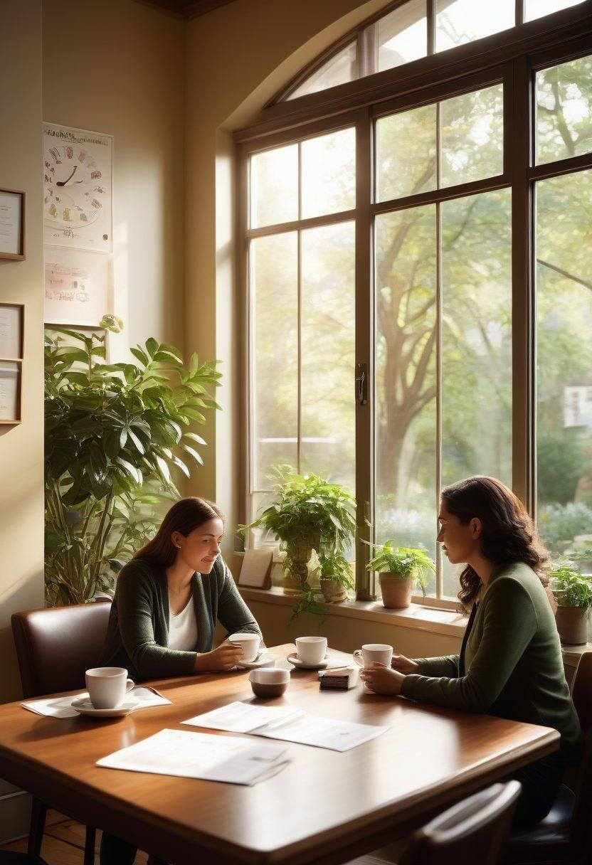 A warm and inviting scene depicting two diverse individuals sharing a heartfelt conversation over coffee, surrounded by floating icons representing various insurance types such as health, life, and property. Soft sunlight filters through a window, creating a cozy atmosphere that highlights connection and security. A nearby table holds financial documents, symbolizing the importance of planning in relationships. An elegant touch of greenery adds freshness to the environment. super-realistic. warm colors. soft focus.