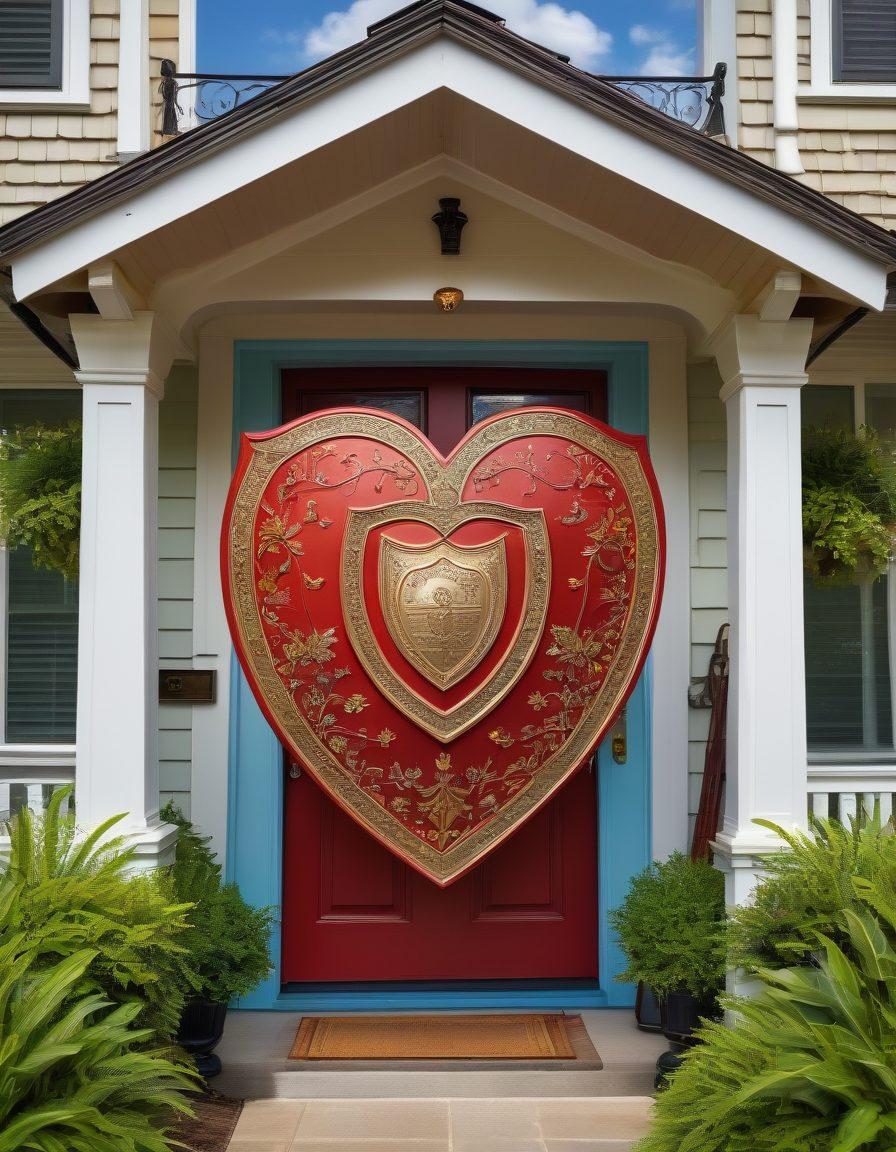 A heart-shaped shield symbolizing love, intertwined with a gold insurance policy document, set against a backdrop of a secure family home with a rainbow in the sky. Rays of sunlight illuminating the scene, evoking warmth and security, while small icons representing life, health, and property insurance float around. Create an inviting and reassuring atmosphere. super-realistic. vibrant colors.