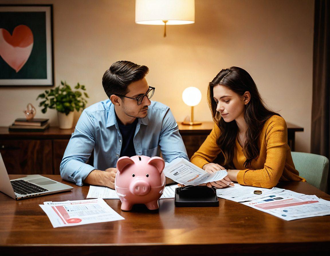 A couple sitting at a table, surrounded by financial documents and a laptop, looking thoughtfully at a heart-shaped piggy bank while discussing their romantic relationship and financial strategy. Soft lighting creates an intimate atmosphere, with charts comparing risks and rewards subtly displayed in the background. The scene conveys a blend of love and financial planning. warm tones. super-realistic. vibrant colors.